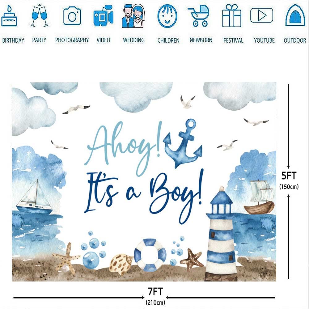 Starfish Baby Ahoy It's A Boy Backdrop Nautical Theme Baby Shower Backdrop  Ocean Lighthouse Ship Anchor Seagull Coral Seashell Starfish Conch Themed Boy  Baby Shower Party Decorations Background,7x5ft Sea Anchor, image size:1000x1000