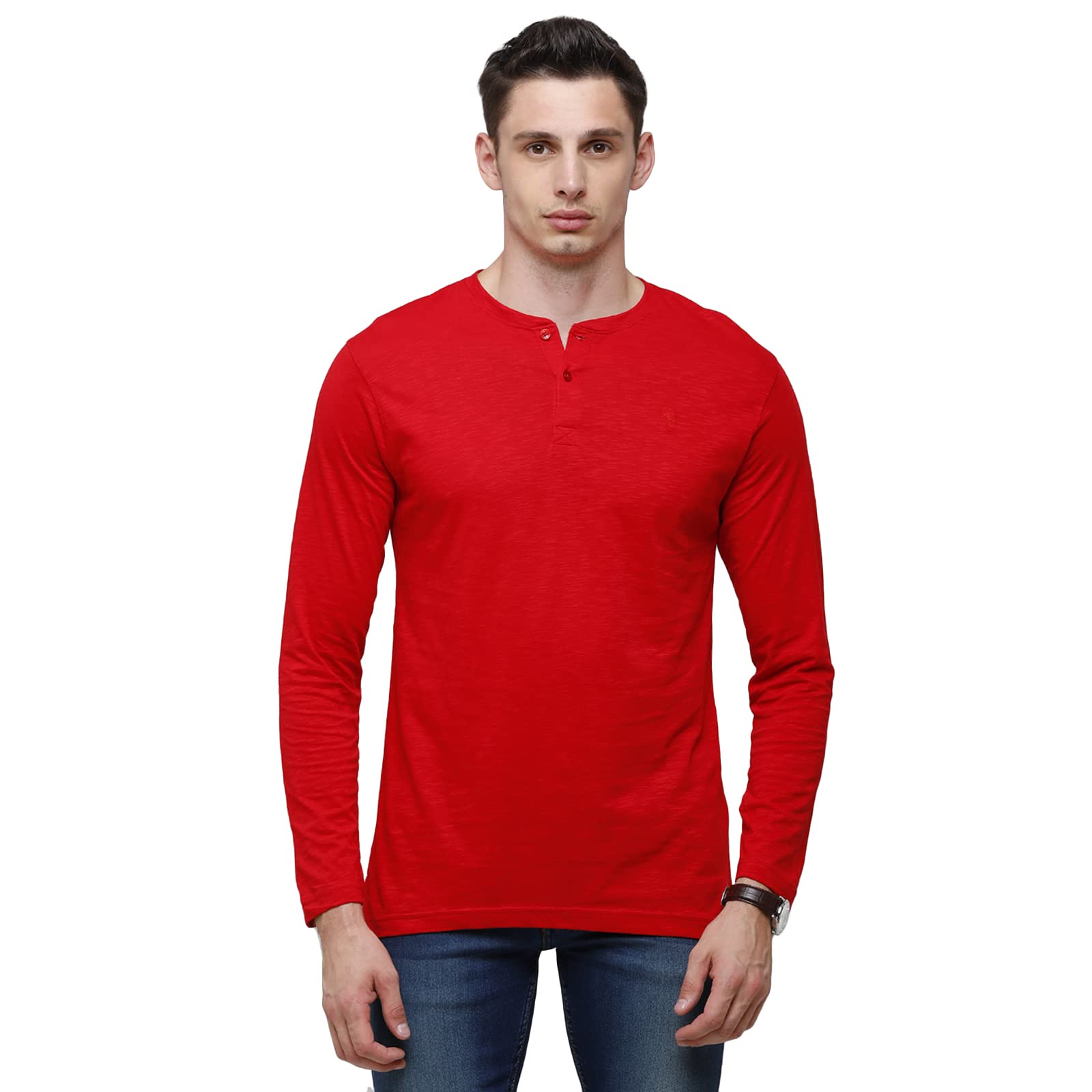 Classic Polo Mens Solid Full Sleeve 100% Cotton Red Henley T-Shirt (OZEL-True RED SF P)