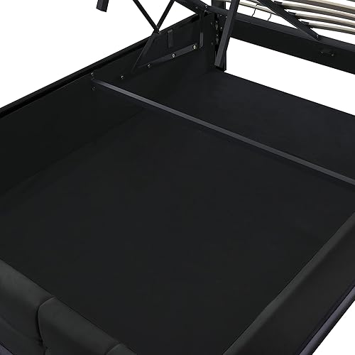 Miniatura 9 de Cama de plataforma tapizada tamaño Queen con luces LED y cargador USB plataforma de almacenamiento de poliuretano con sistema de almacenamiento