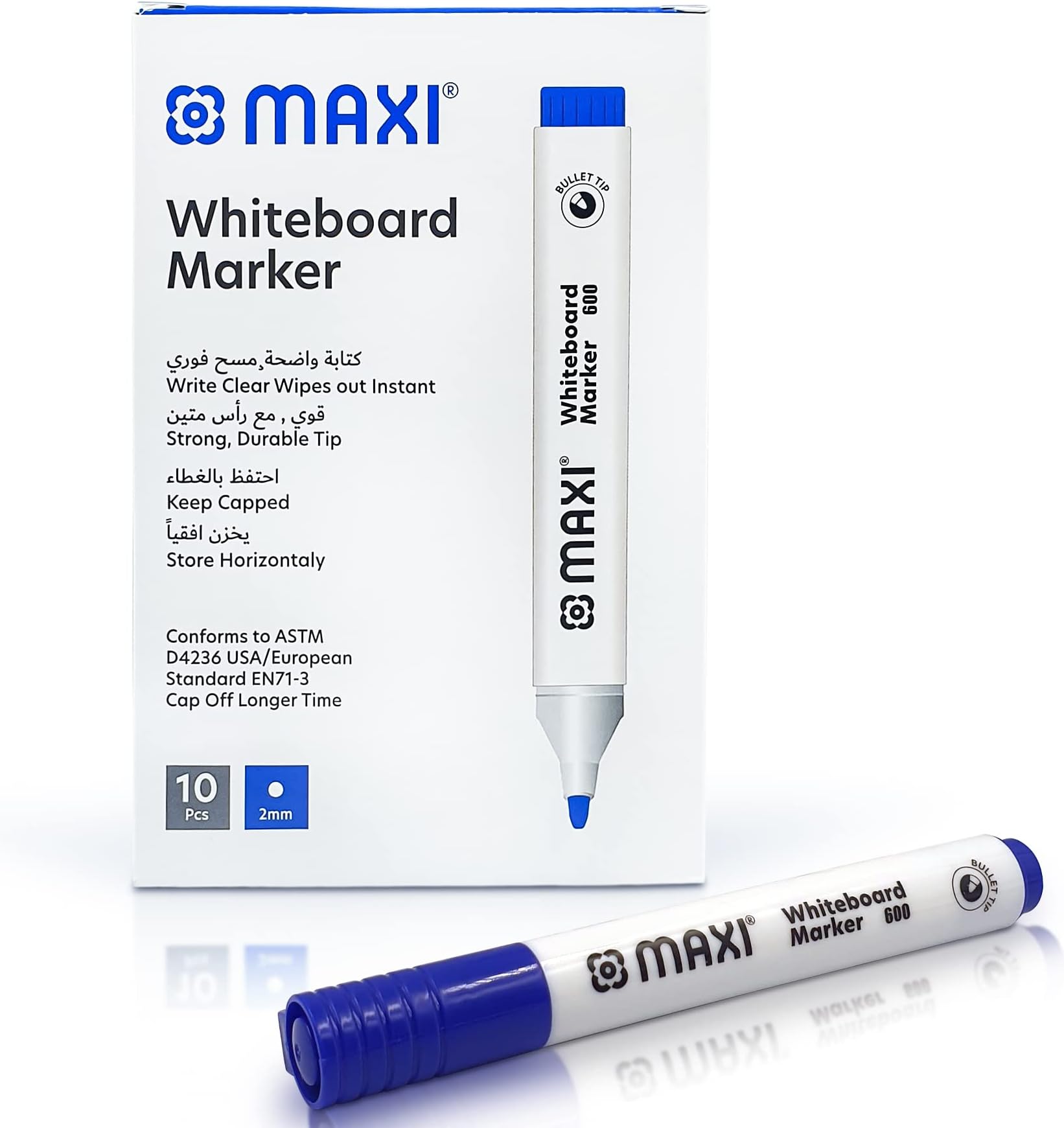 Maxi Whiteboard Marker Bullet tip Box of 10pc Blue, Erasable Markers Great for Kids Adult Student, school, home, and office