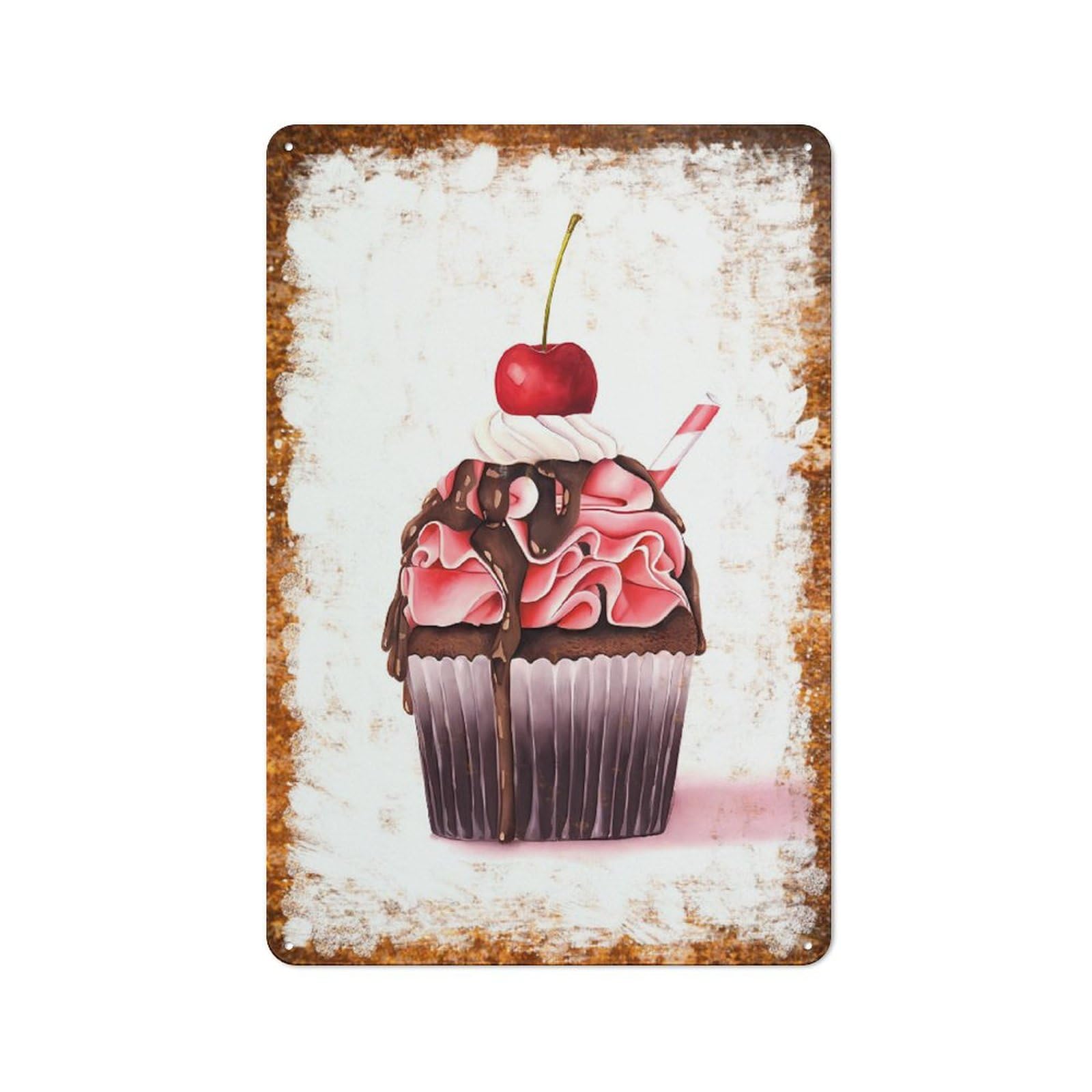 peiyeety Metal Tin Sign Retro Distressed Vintage Rustic Metal Cherry Cupcake Watercolor Print Wall Art Decor for Home Kitchen Bedroom Bathroom Farmhouse Living Room Office Apartment 6x8 INCH