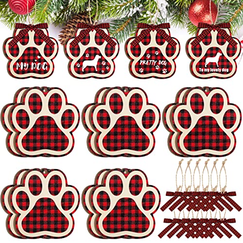 Christmas Dog Paw Wooden Ornaments for Christmas Tree Wooden Dog Paw Print Hanging Decoration with Bow Ties Ropes for Holiday Festival Decor(Red and Black,12 Pcs)
