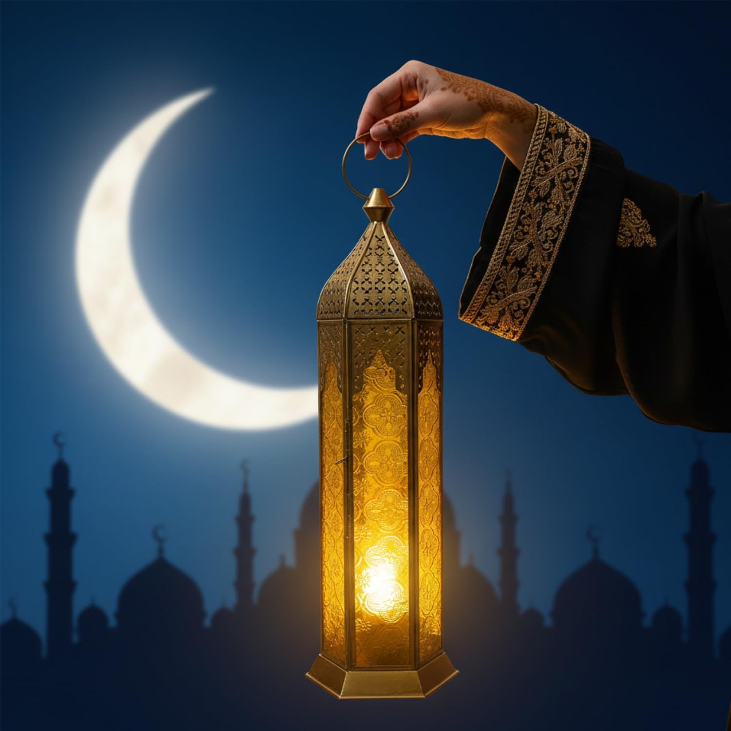 Souq DESIGNS Lantern for Decor – Gold Hexagonal Fanoos | Large Yellow Moroccan Glass Candle Holder | Ramadan Arabic Majlis Balcony Outdoor Home Decor Eid Diwali Gift Decoration 1 Pc