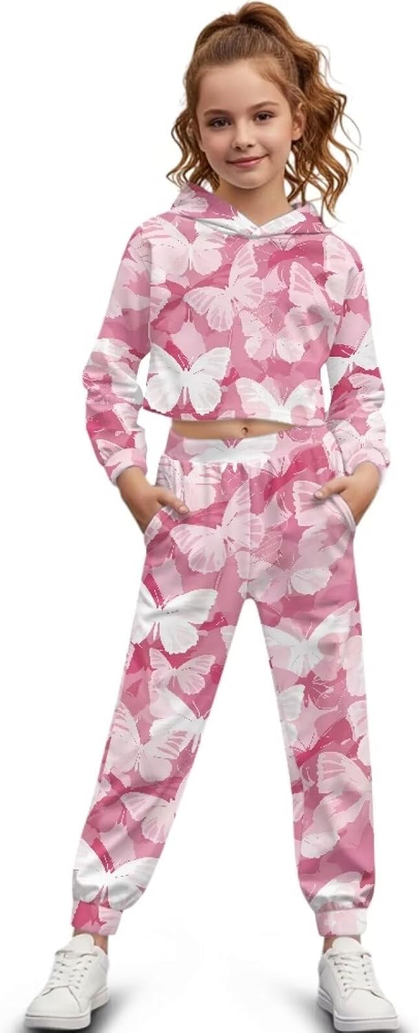 Renewold Girls Tracksuits Kids Teens Crop Hoodie Long Sleeve Sweatshirt Jogger Sweatpants 2 Piece Outfit Sweatsuits Set
