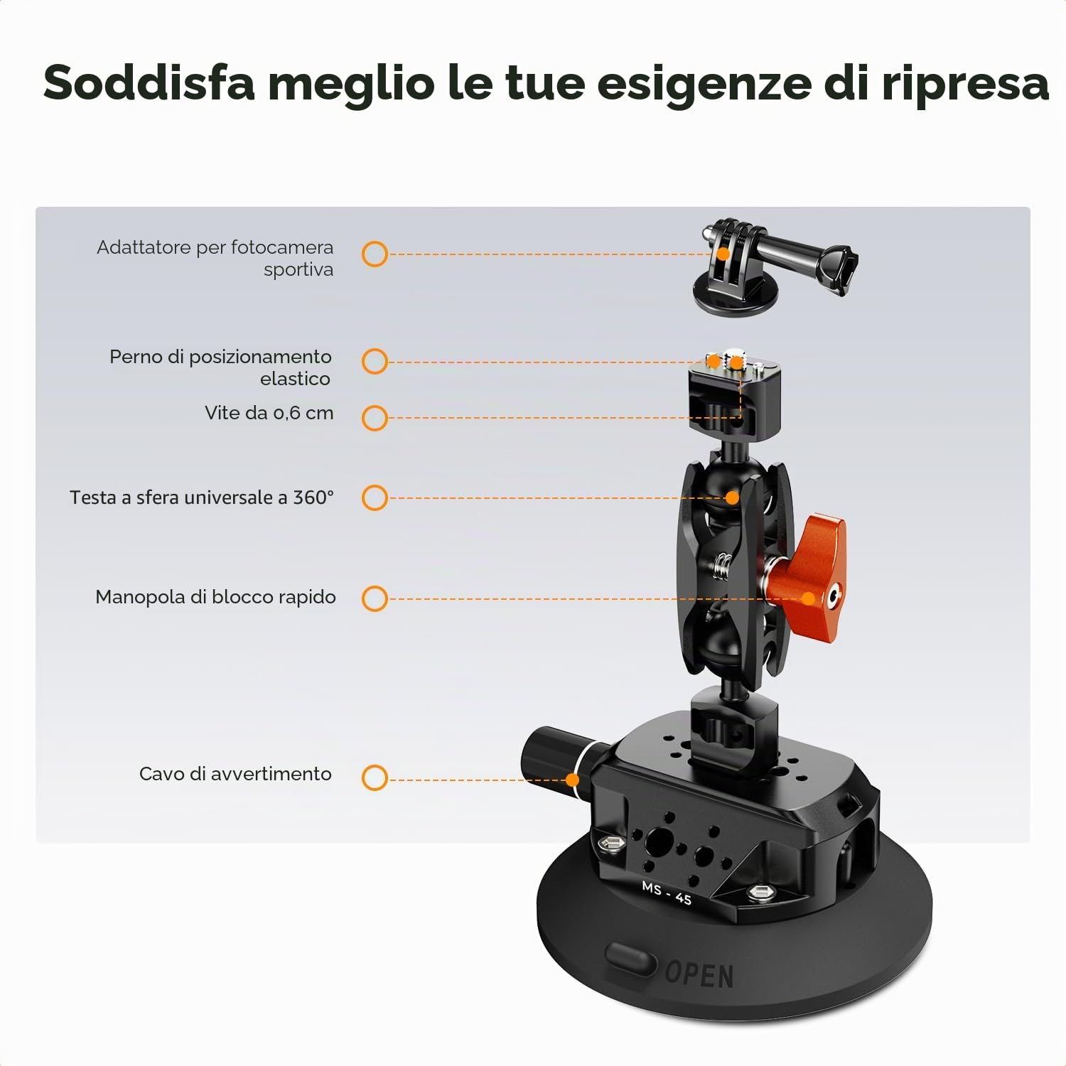 K&F CONCEPT Ventosa 4,5" con Braccio Magico Doppia Sfera - MS45 | Supporto fotocamera auto con supporto telefono e adattatore GoPro, attacchi 1/4" e 3/8" per parabrezza e superfici lisce