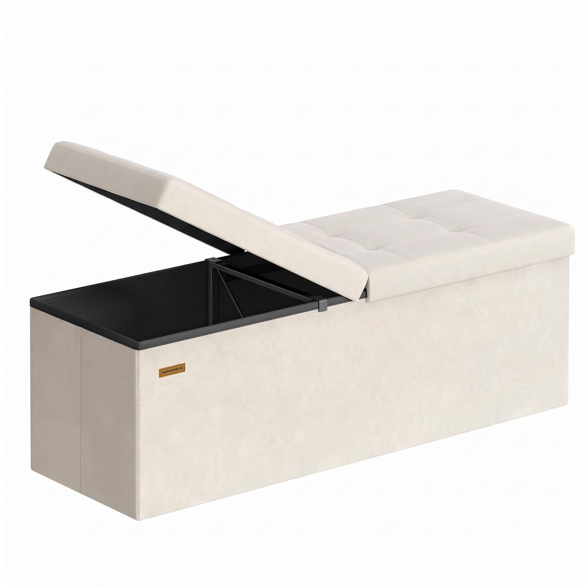 SONGMICS Storage Ottoman, Foldable Storage Bench, 38 x 110 x 38 cm, Flipping Lid, 300 kg Load Capacity, for Hallway, Living Room, Bedroom, Velvet Fabric, Cappuccino Beige LSF078LH02