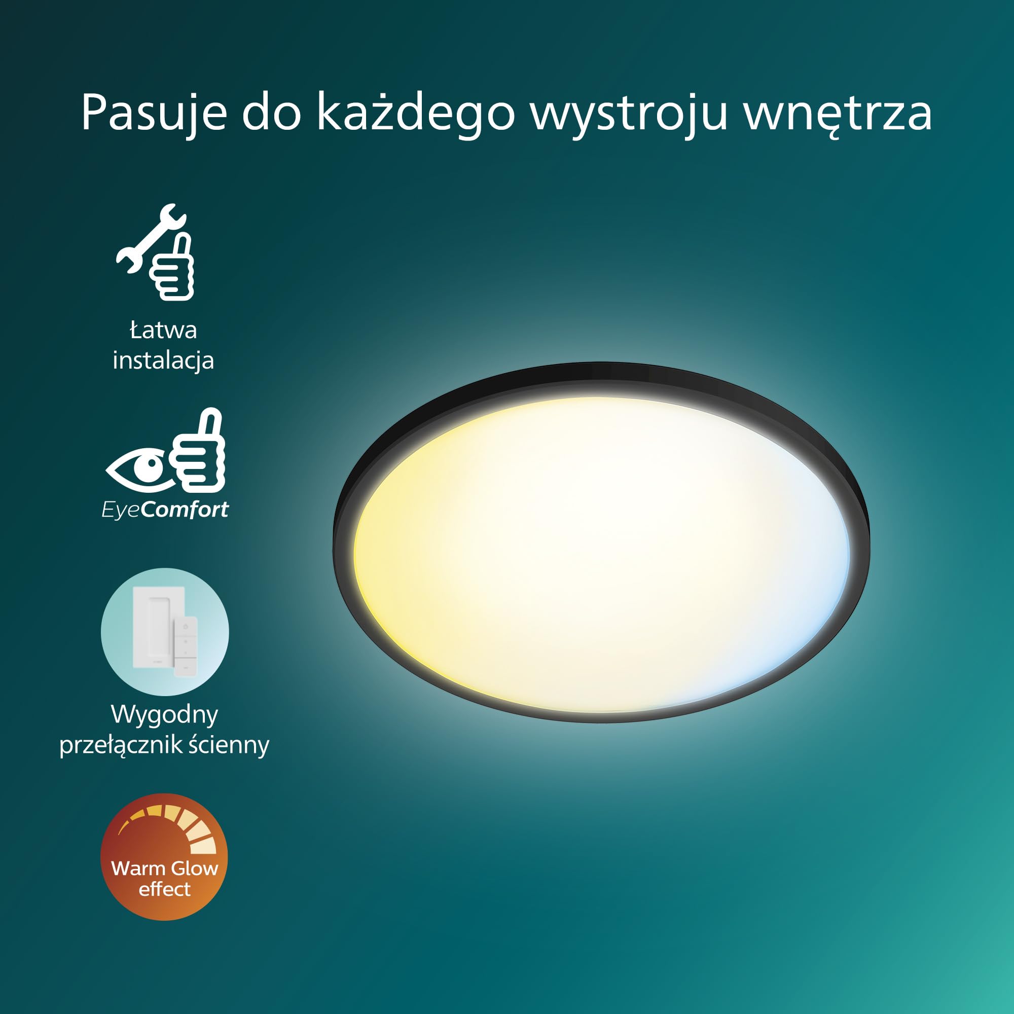Philips Superslim — oprawa sufitowa z pilotem, 5 gotowych scen świetlnych, płynne przyciemnianie do 1%, łatwe sterowanie, prosty montaż, smukła konstrukcja, 22 W, okrągła, czarna