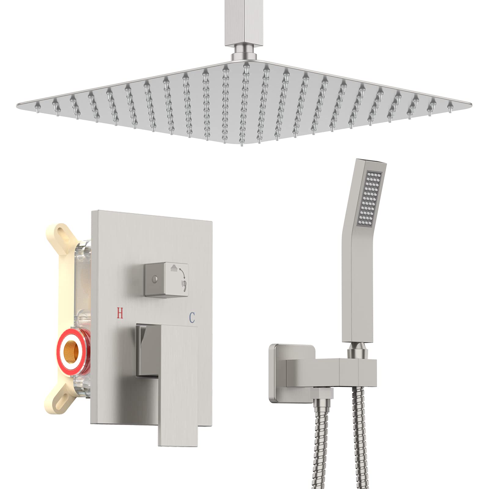 KOJOX12 Inch Ceiling mounted Shower System with Rain Shower Head, Handheld Head and Shower Valve Faucet Set Trim Kit Brushed Nickel