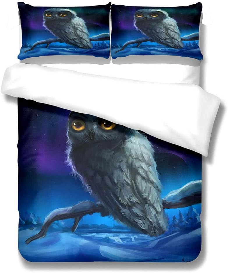 WJYMJJ 布団カバーセット 3点セット グレイ・オウル ダブル190&times;210 cm 寝具 3Dデジタルプリント 寝具カバーセット