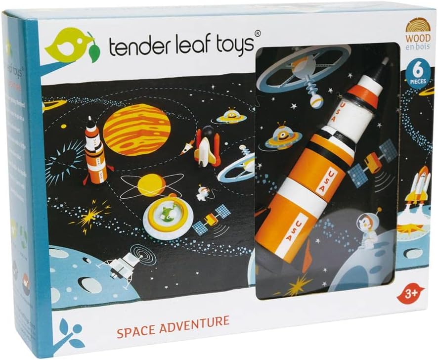 Tender Leaf Toys - Space Adventure - 7 Pieces Wooden Rocket and Outer Space Themed Playmat Set - Develop Imaginative Role Play and Science Interest for Children 3+