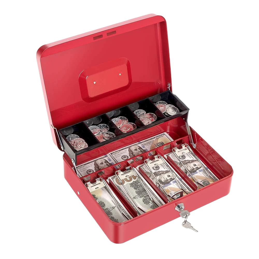 Decaller Large Cash Box with Lock Secure Money Safe for Petty Cash Yard Sales Craft Shows Durable Metal Lock Box with Key and Money Tray (Red)-image-22