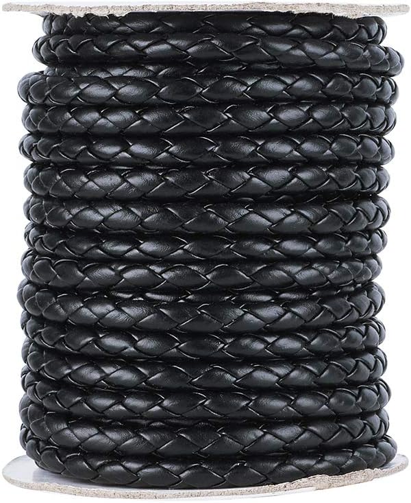 Beadthoven 10 Yards 5-6mm Black Round Folded Bolo Braided Imitation Leather Beading Cord Rope Necklace Chain PU Leather for DIY Handmade Necklace Bracelet Jewelry Making Crafts Findings
