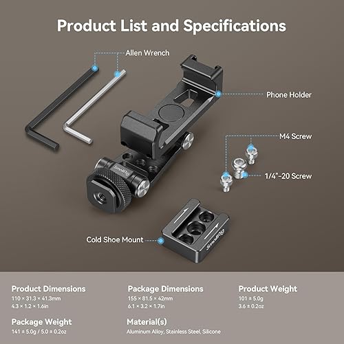 Miniatura 8 de SmallRig Soporte de teléfono para estabilizadores DJI, adaptador de montaje de teléfono con orificio roscado de 14"-20, zapata fría para DJI RS 4RS