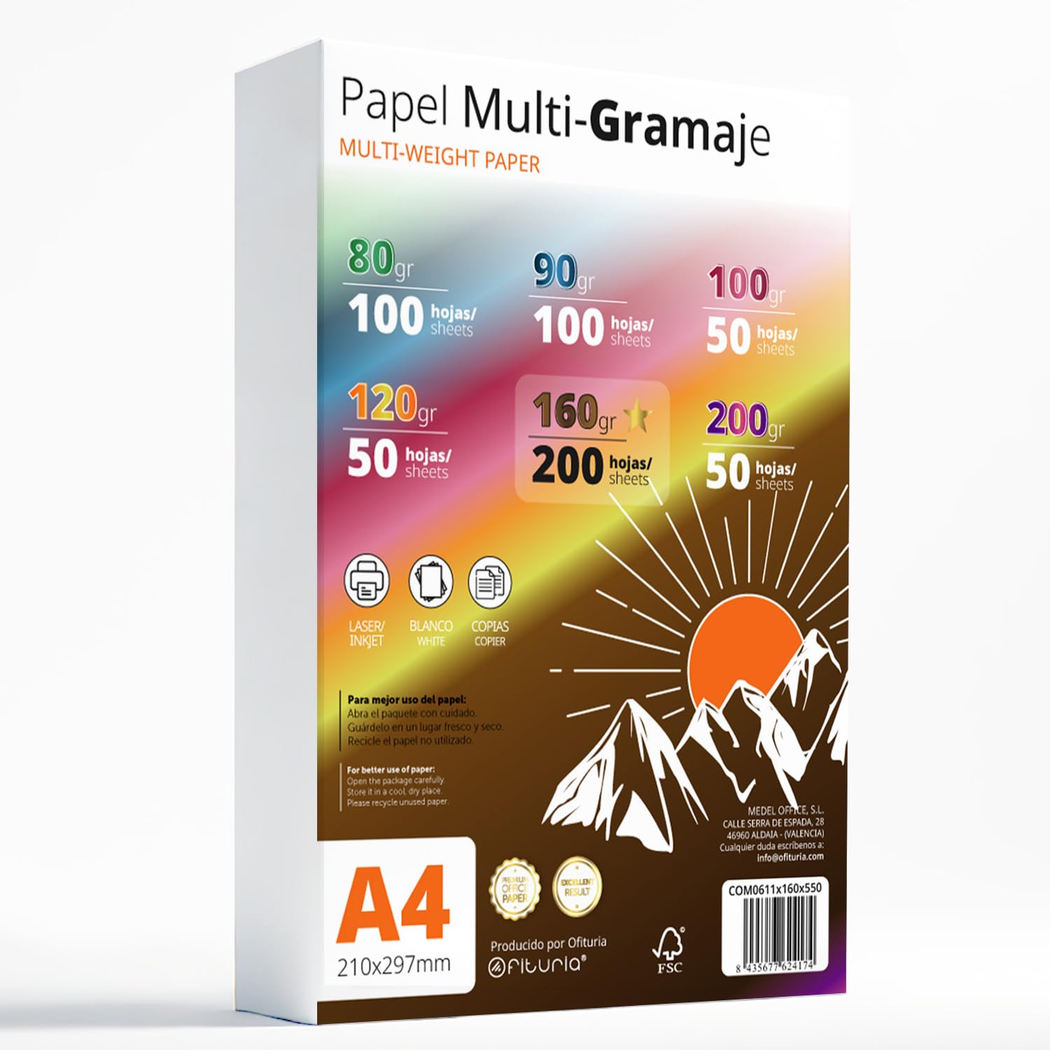 Hojas A4, Papel Multi-Gramaje para Impresora, Escribir, Dibujar o Manualidades, Folios Blancos, Papel A4 para Uso Doméstico, Escolar o Empresarial - Ofituria (Pack Multi-Gramaje 160gr+)