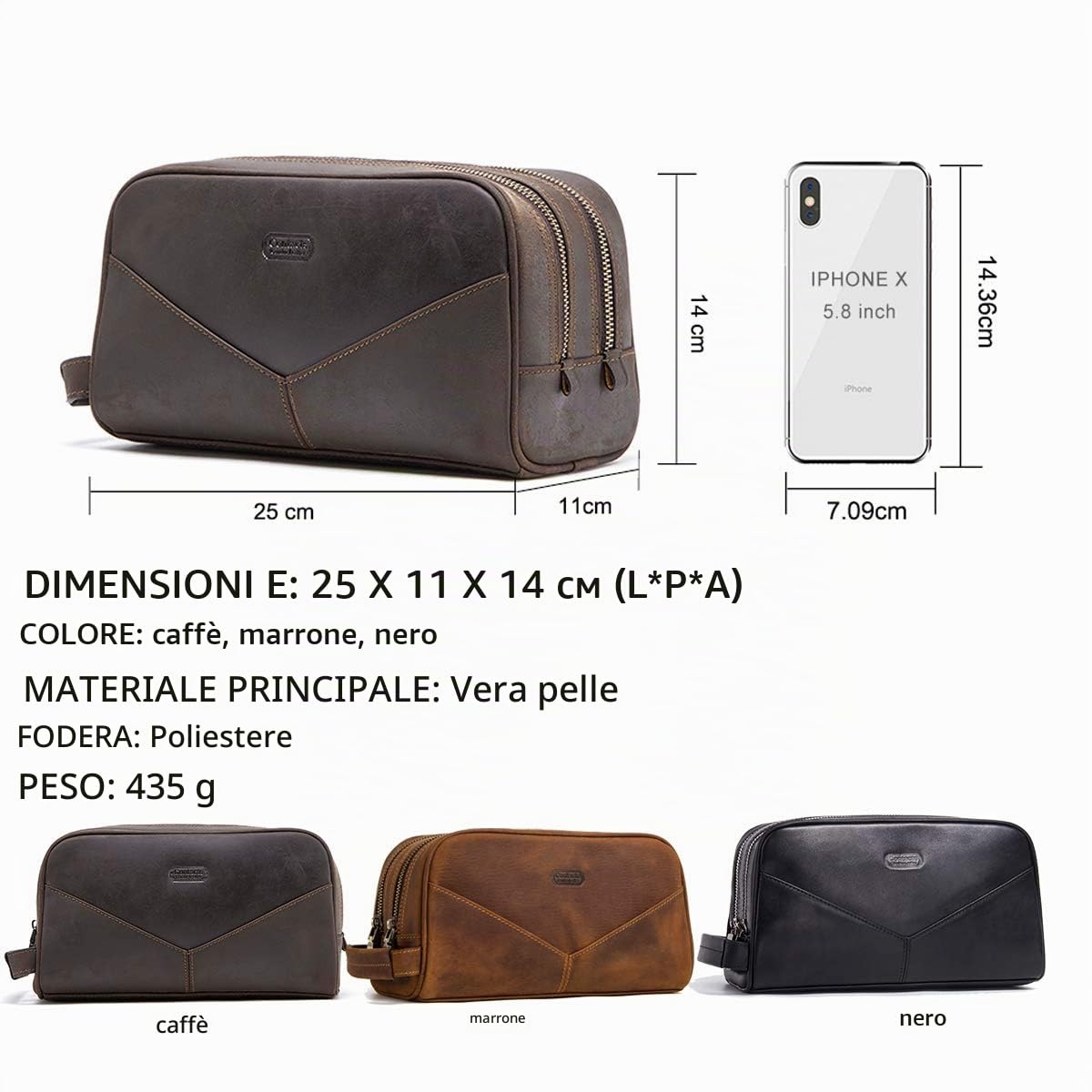 Contacts Dopp Kit da Viaggio in Vera Pelle con Cerniera - Borsa da Toilette per Lavaggio Notturno e Barba - Astuccio per Uomo/Donna, 1#Caffè, Taille Unique