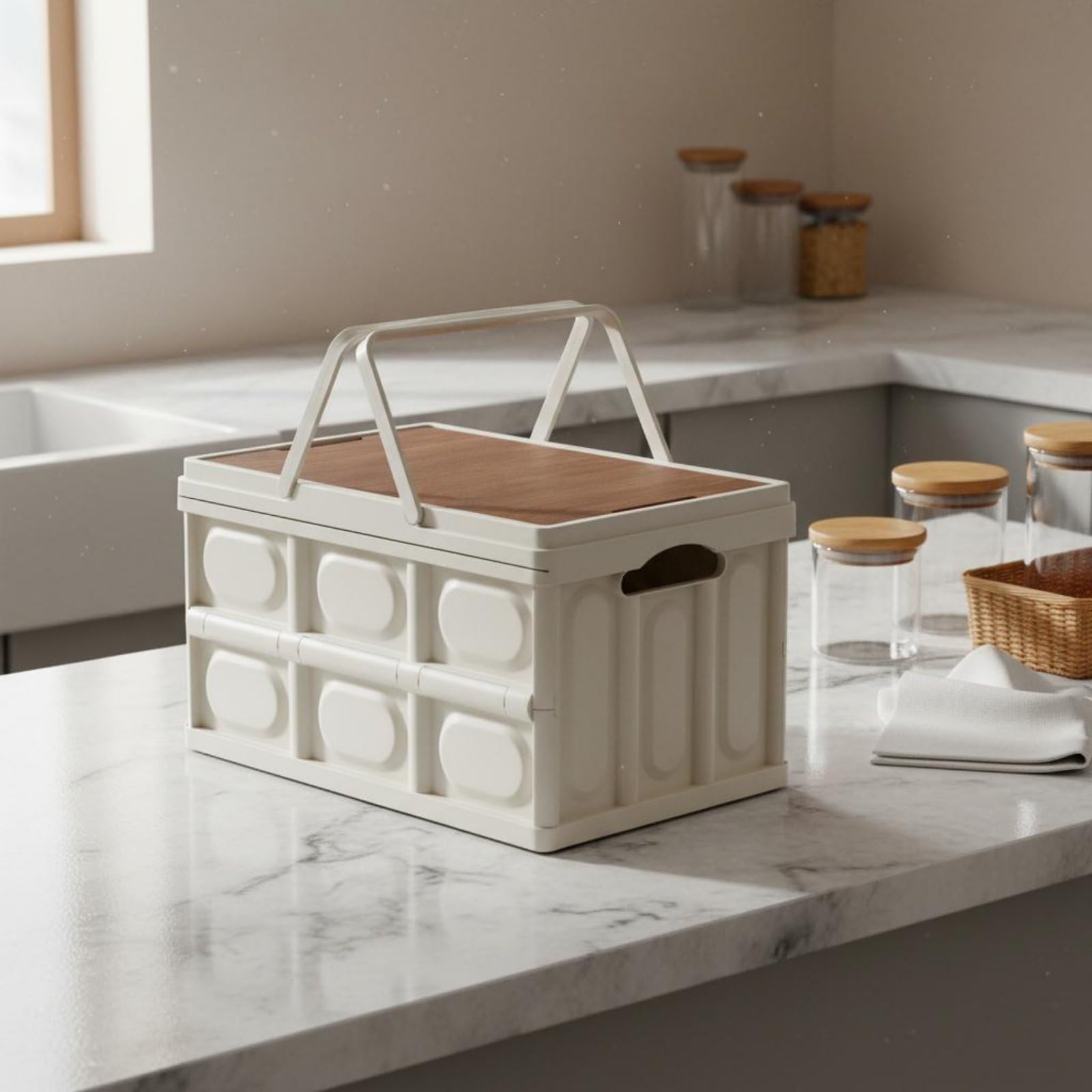 Caja de Almacenamiento Plegable Contenedor Organizador Baúl Cesta con Tapa Imitación Madera Material PP Ligera y, style to 1