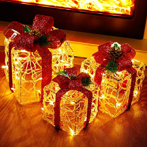 ATDAWN Set Of 3 Lighted Gift Boxes Christmas Decorations