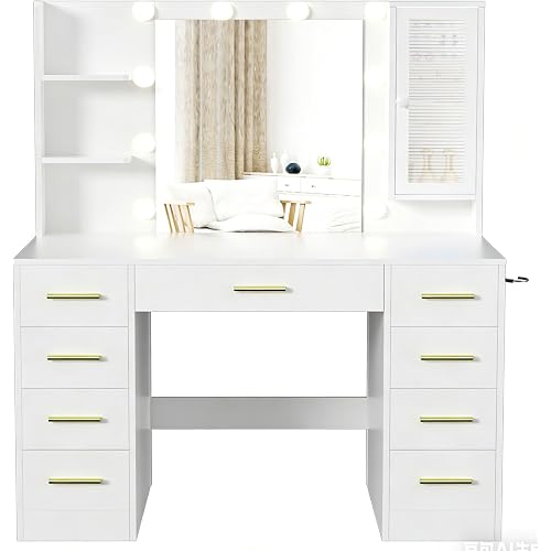 ERLEJIA Vanity Desk with Mirror and Lights, 43" Large Makeup Dressing Table with 9 Drawers & 3 Shelves, RGB LED Lighting & Power Outlet, White and Gold