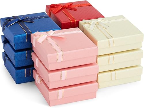 Miniatura 9 de Bright Creations Paquete de 12 cajas de regalo de joyería de cartón con tapas y lazos para anillos, collares, pulseras y aretes, 4 colores, 3.5 x 1