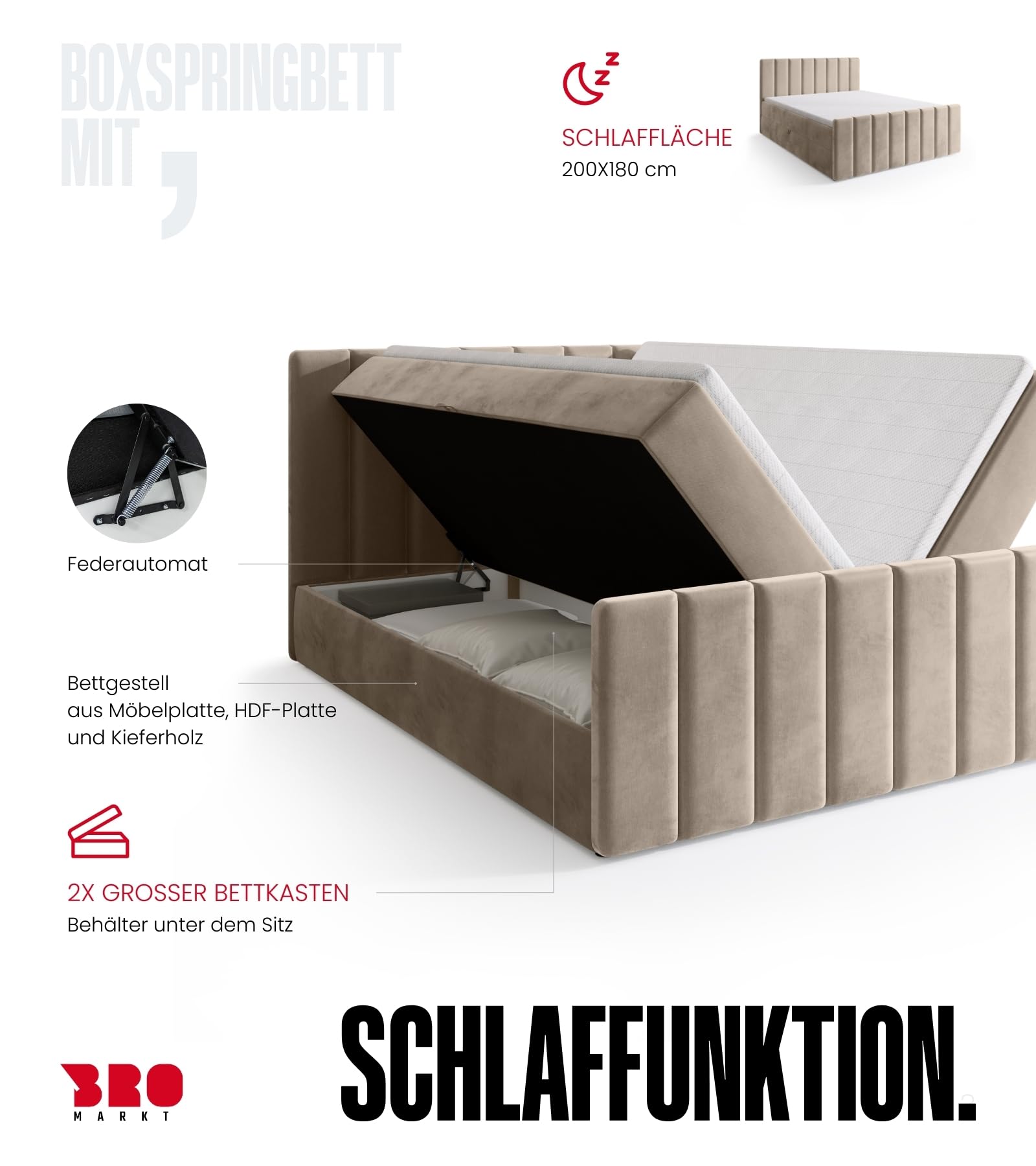 BROMARKT Boxspringbett mit Matratze 180x200cm Bett mit Topper Beige | Polsterbett mit Bettkasten Doppelbett mit Stauraum für Schlafzimmer gepolsterte Kopfteil Bed Bonell H3 DENVER DUO