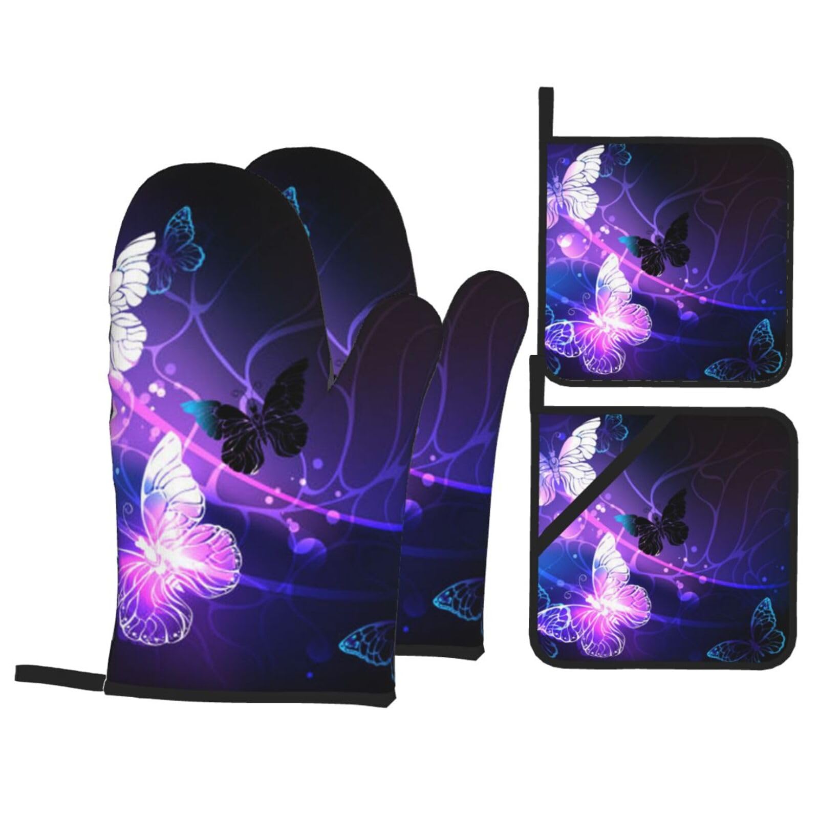 White Purple Butterflies Print Stylish Heat-Resistant Oven 4-Piece Set Kitchen Gloves Roasting Daily Cooking