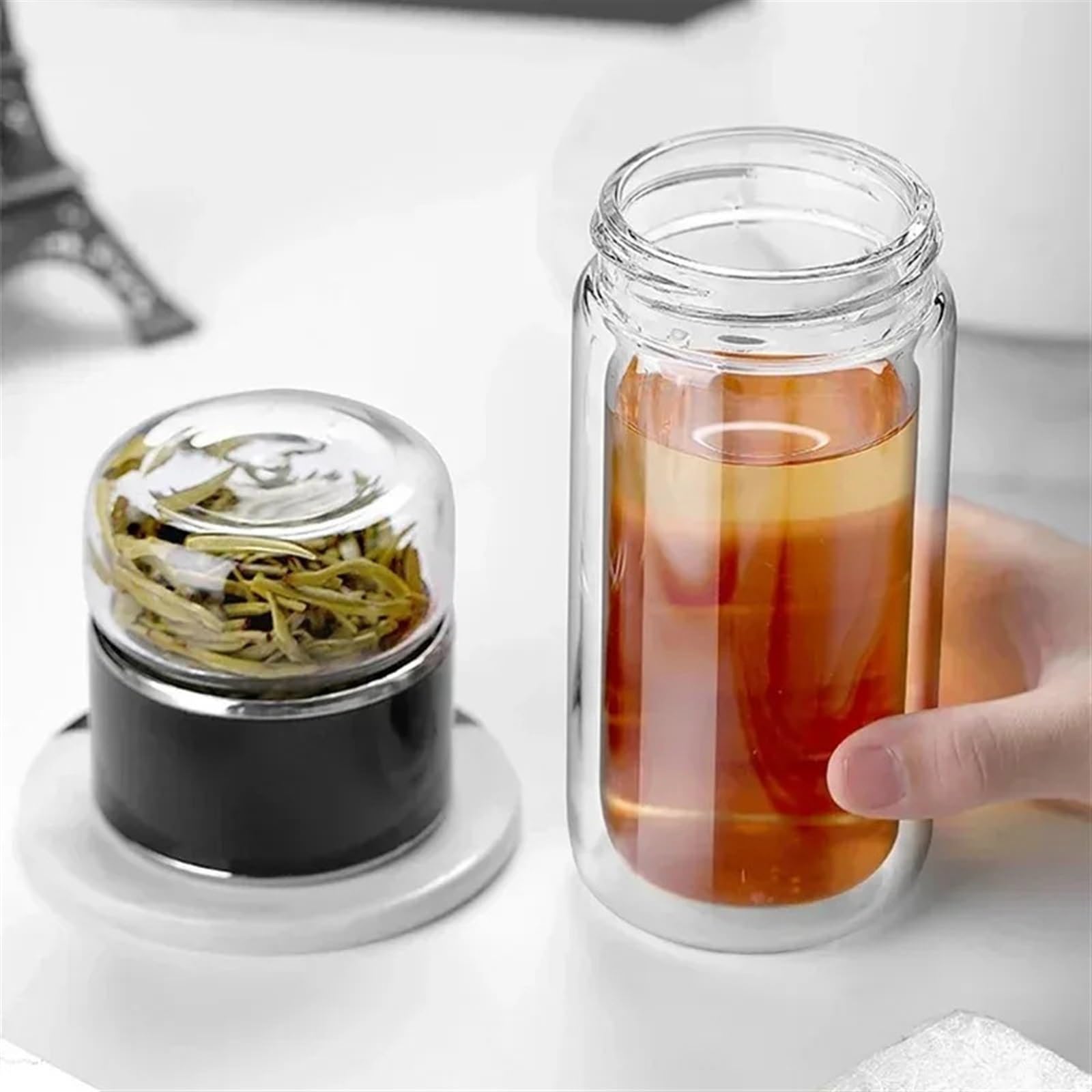 Botella de agua del té de 390ML, vaso de agua del té de doble capa de vidrio de borosilicato alto, vaso infusor, botella de agua con filtro de té(Gold)