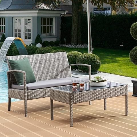 TMEE Grey Rattan Garden Furniture Set 2 Pieces Patio Outdoor Wicker Sofa Bench with Glass Coffee Table for Poolside Backyard Balcony Cover