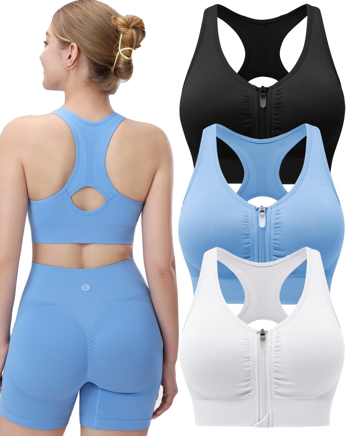 Evercute Women's Zip Front Sports Bras Wireless Padded Racerback Medium Support Post-Surgery Bra Yoga Exercise Athletic Bras