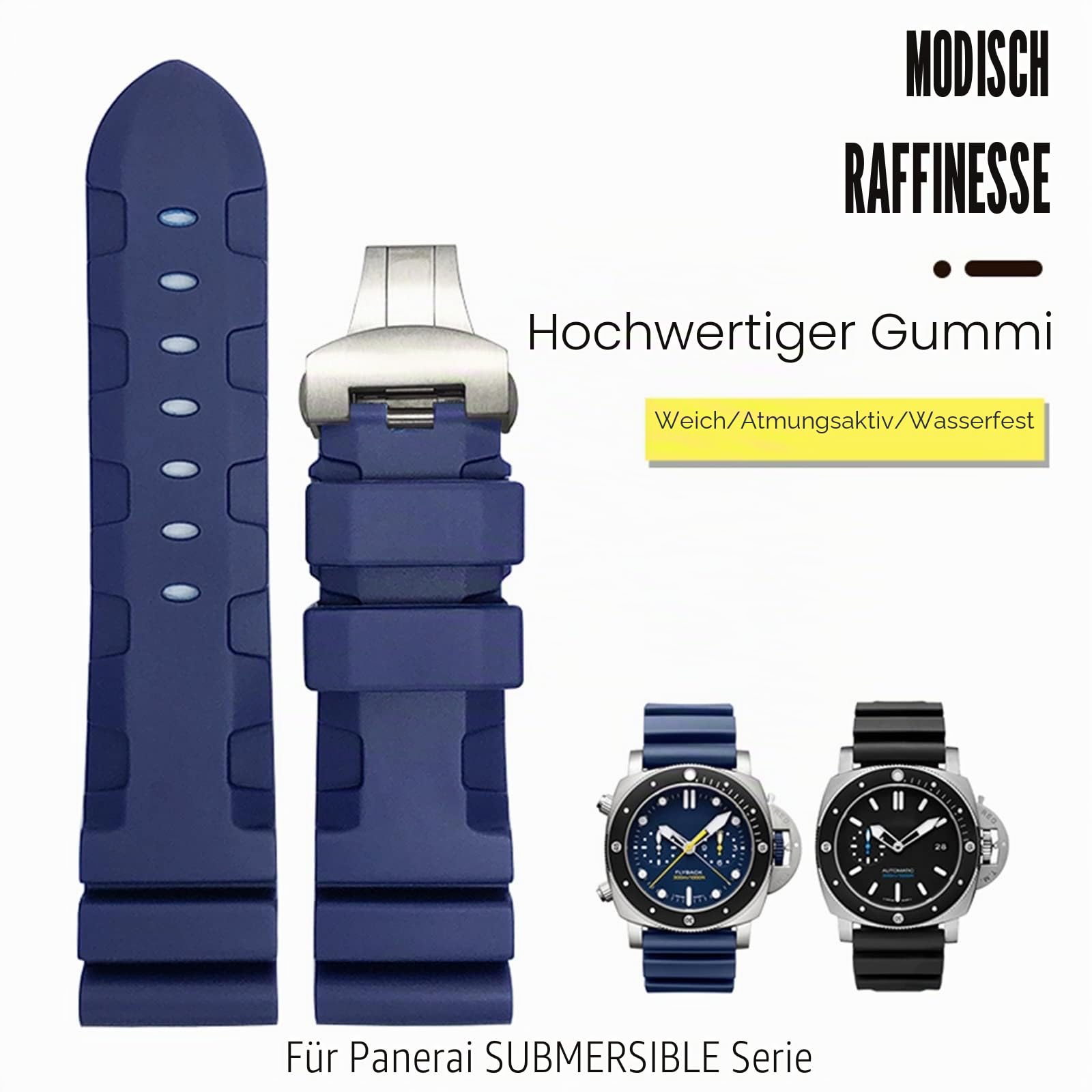 EPANO Uhrenarmband aus Naturkautschuk, 26 mm, für Panerai, tauchfähig, Luminor, PAM, Schwarz, Blau, Rot, Orange, Schmetterlingsverschluss, 26mm B B, Achat