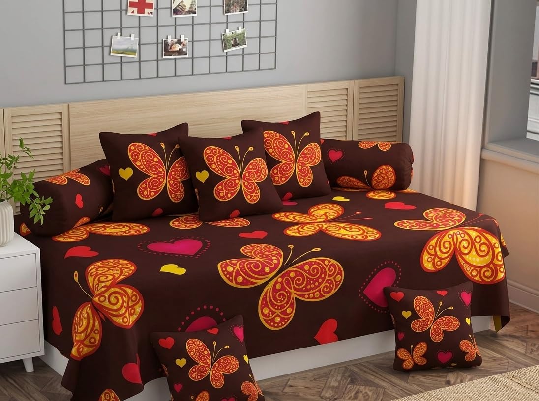 Cotton Diwan Set 8 Pieces - Soft & Breathable Single Bed Bedsheet with 5 Cushion Covers and 2 Bolster Covers, Traditional Floral Printed Living Room Diwan Cover Set (Multicolour)-image-11