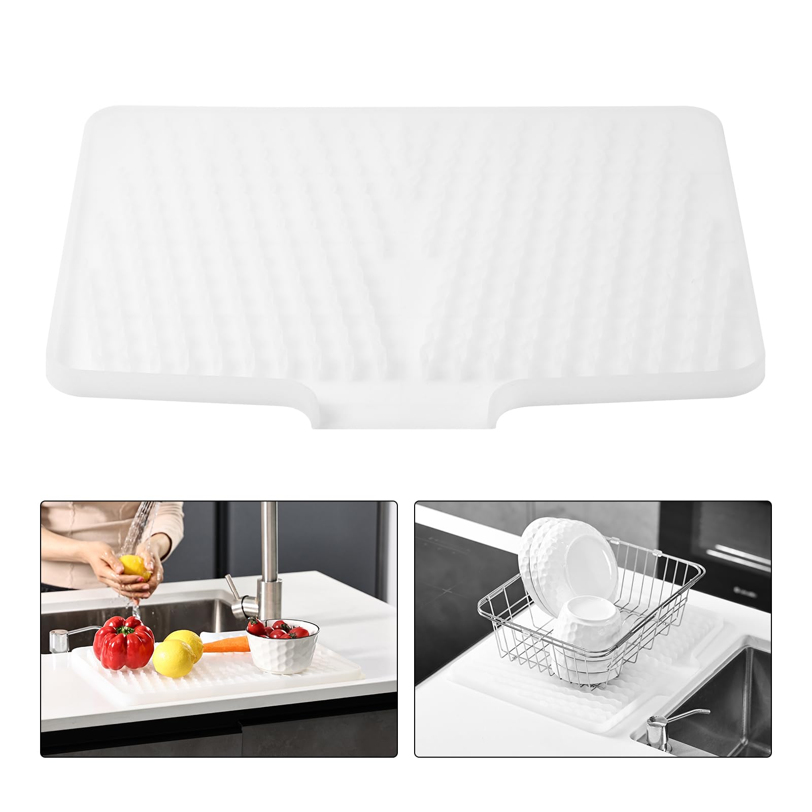 Silicone Dish Drying Mat for Kitchen Counter with Fast Drainage Design, Non-Slip Sink Drainer Mat, Heat Resistant Draining Board Mats for Worktop & Campervan, 40x33x1.5cm (Transparent)