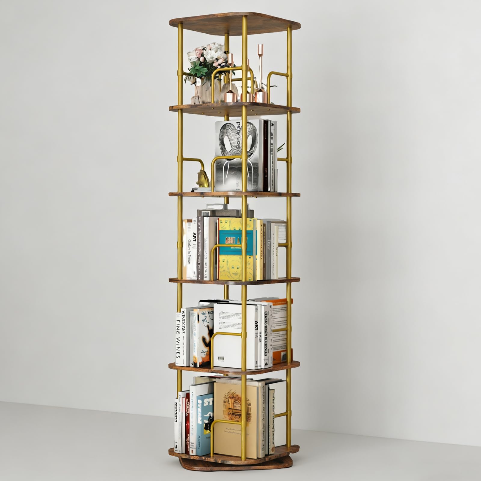 5 Tier Rotating Bookshelf, 360° Spinning Bookshelf Tower,Space Saving Floor Standing Corner Storage Organizer for Small Spaces, Square Revolving Bookcase for Home Office Living Room