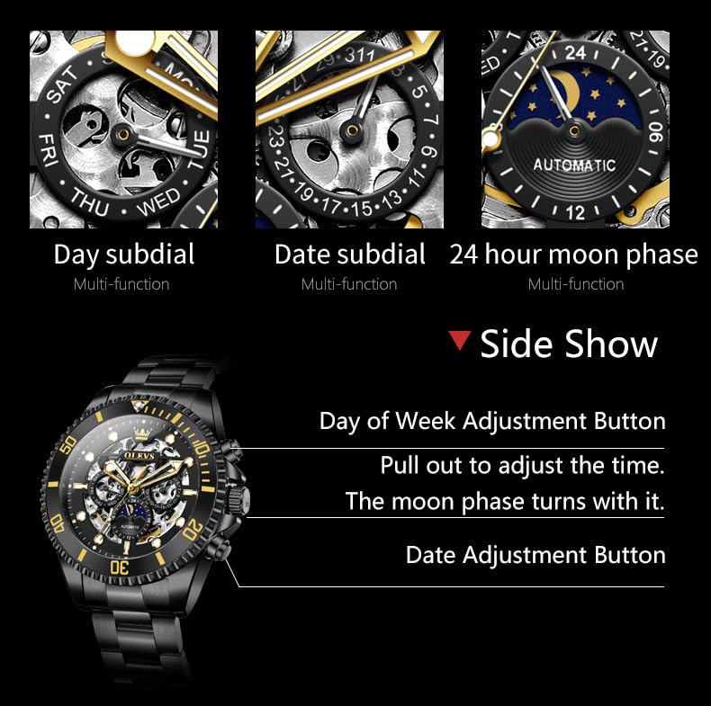 Image of OLEVS Men Automatic Watch Diamond Skeleton Mechanical Luxury Self Winding Moon Phase Calendar Waterproof Wrist Watch for Men