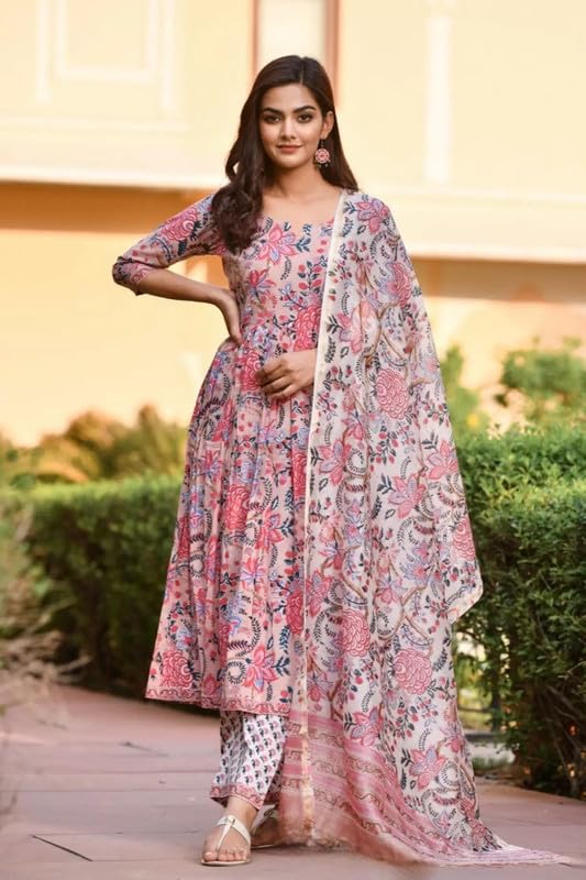 Image of PRISTINO Women's Rayon Floral Print Anarkali Kurta And Trouser With Dupatta Set