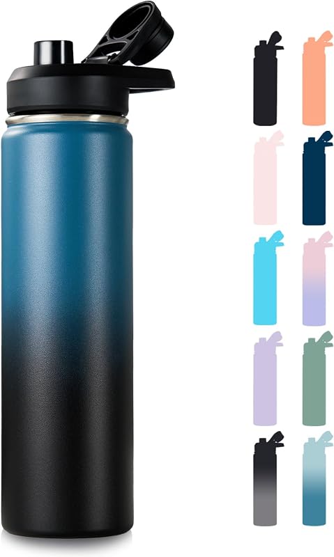 Botella de agua aislada con asa, botellas de agua de acero inoxidable 304 con boca ancha, botella de agua deportiva al vacío de doble pared, sin BPA, mantiene frío y caliente, 24 onzas, azul y negro