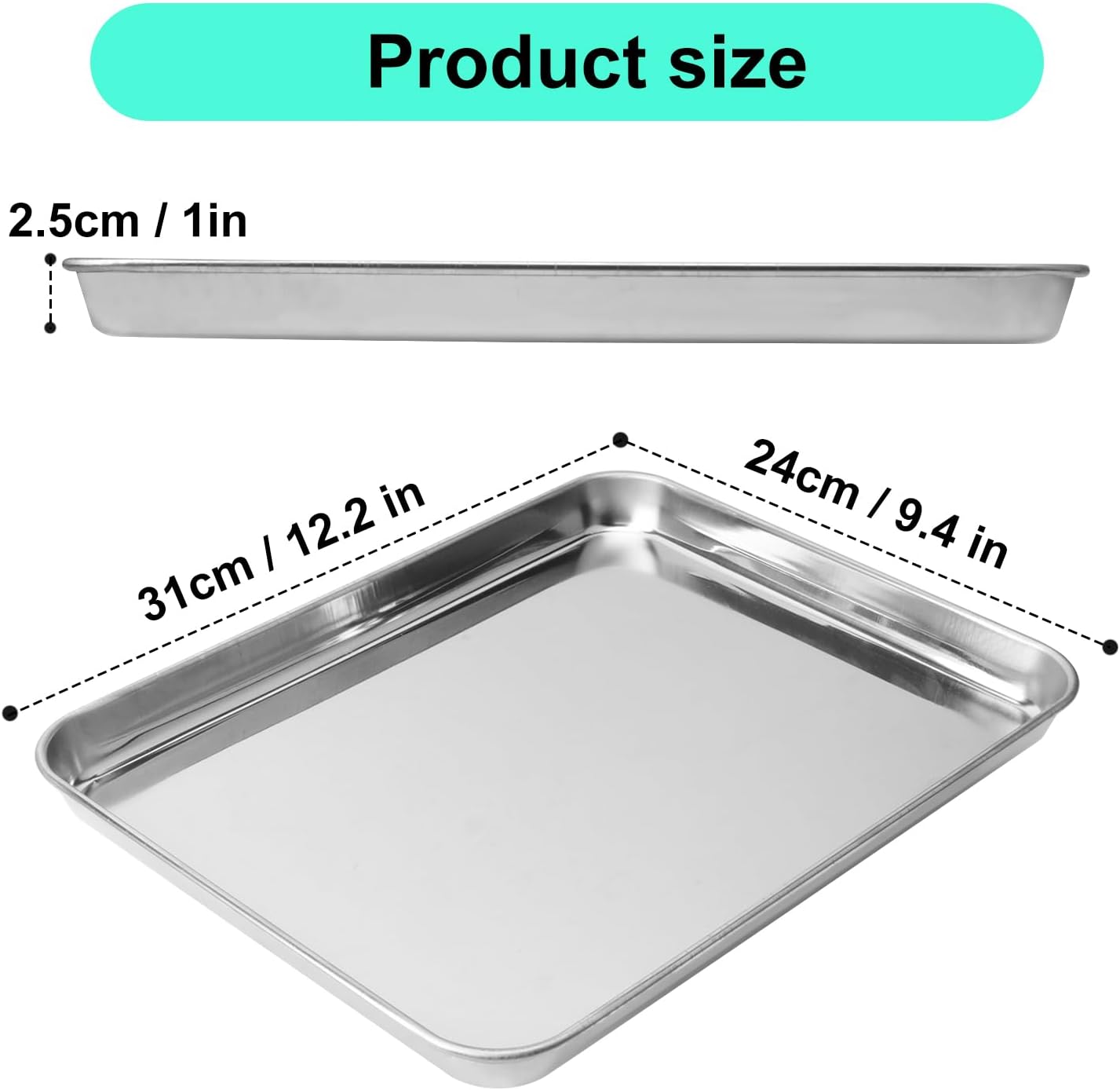 8 PCS 12 Inch Stainless Steel Baking Sheet Pan, 12x9.45x1 Inch Stainless Steel Cookie Trays, Toaster Oven Pan for Baking & Roasting - Image 2