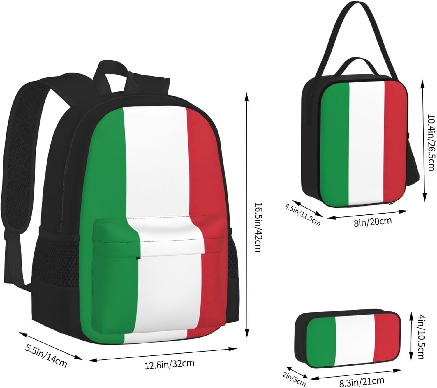 WURTON Italian Flag Print Shoulder Backpack 3 In 1 Bookbag Set Lunch Box Pencil Case Travel Laptop Daypacks