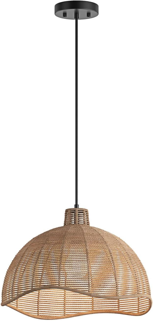 Aiwen Farmhouse Pendant Light Fixture 15.94 in 1-Light Bohemia Rattan Pendant Light with Dome Shape Adjustable Hanging Wicker Pendant Lamp for Kitchen Island Living Room Hallway E26, Brown