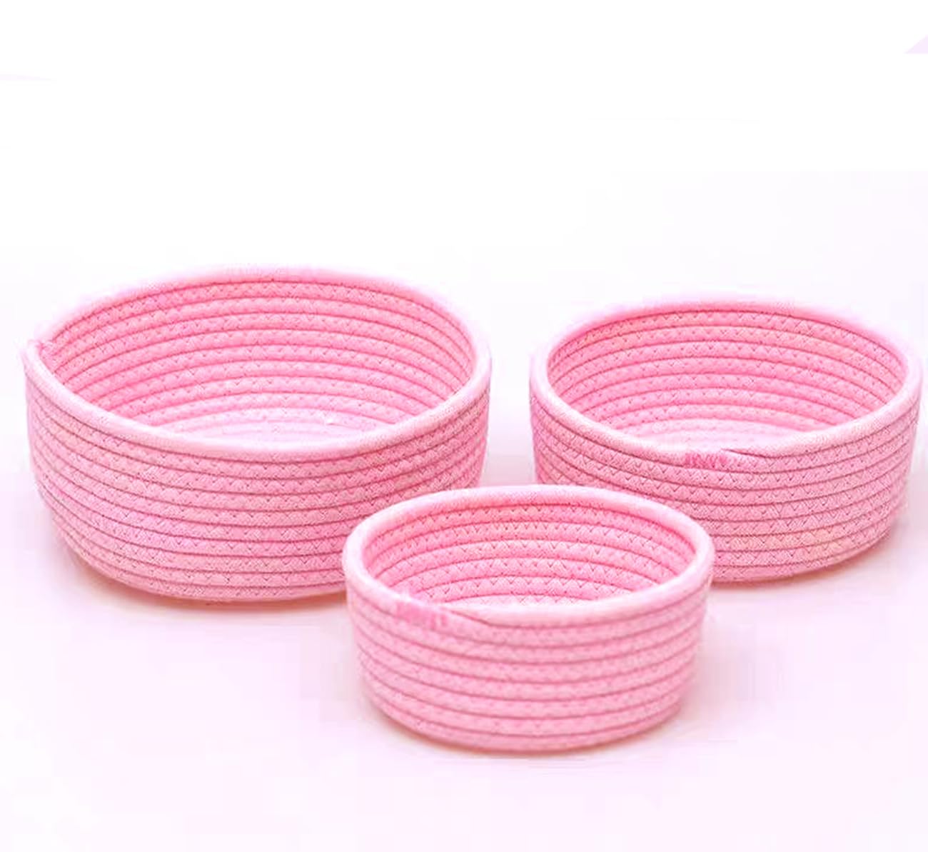 Lydlrum Storage Baskets, Pink Cotton Rope Woven Bathroom Storage Basket Set of 3, Round Small Basket Box Organizer Bins