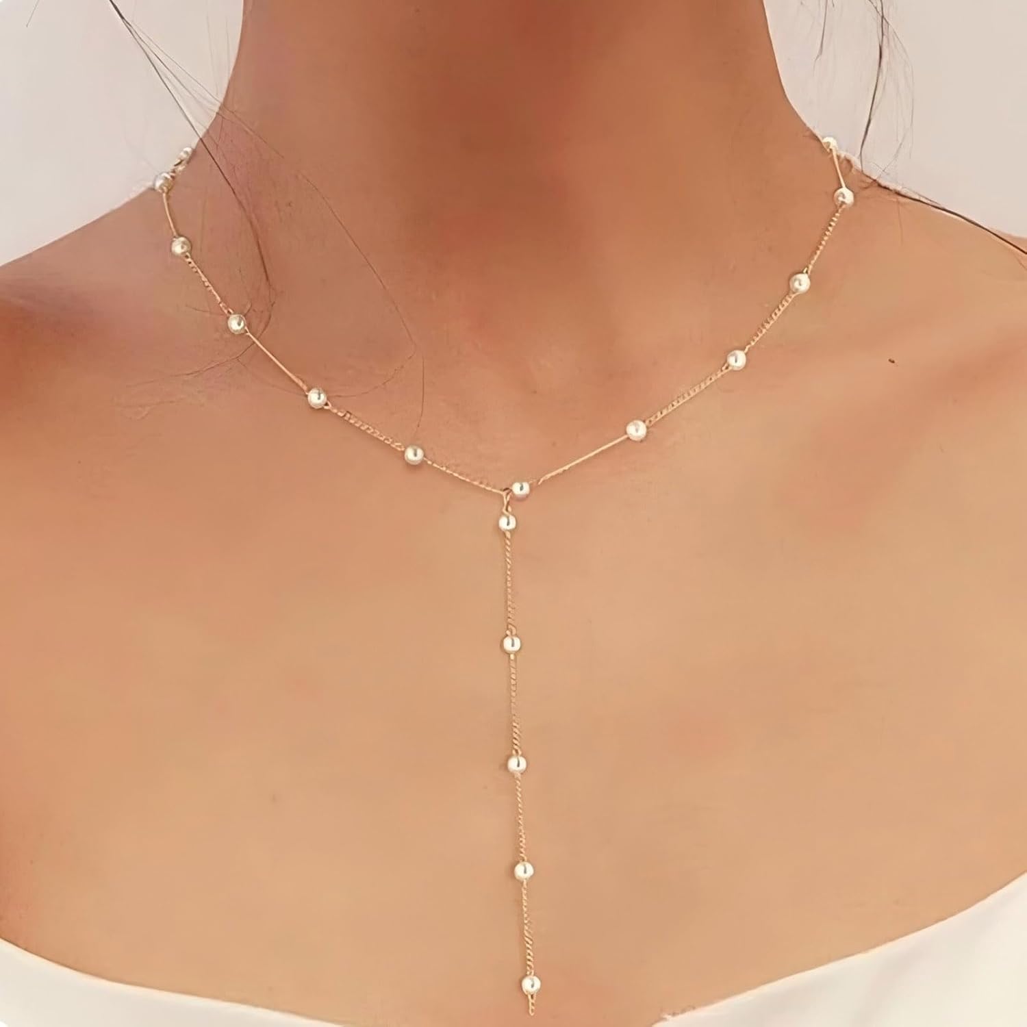 Vintage Long Pearl Drop Y Necklace Boho Long Pearl Station Choker Necklace Tassel Chain Y Drop Necklace Gold Pearl Chain Y Lariat Necklace for Women - Image 5