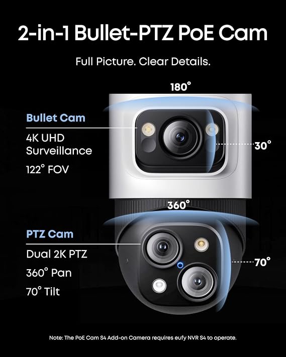 eufy Security PoE Bullet-PTZ Cam S4, NVR Wired Add On Cam, Requires eufy NVR, 4K UHD Triple Lens, 360 Pan and Tilt, 8X Hybrid Zoom, AI Tracking, Red and Blue Light, PoE Plug and Play, 24/7 Recording