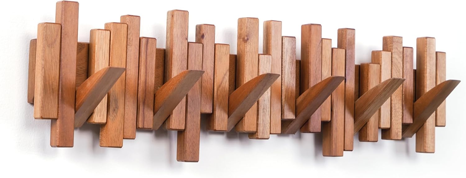 similar to..wooden coat rack wall mounted sticks multi rack solid handmade natural cherry wood artwork with 6 flip-down unique modern hooks for coats bag hat umbrella