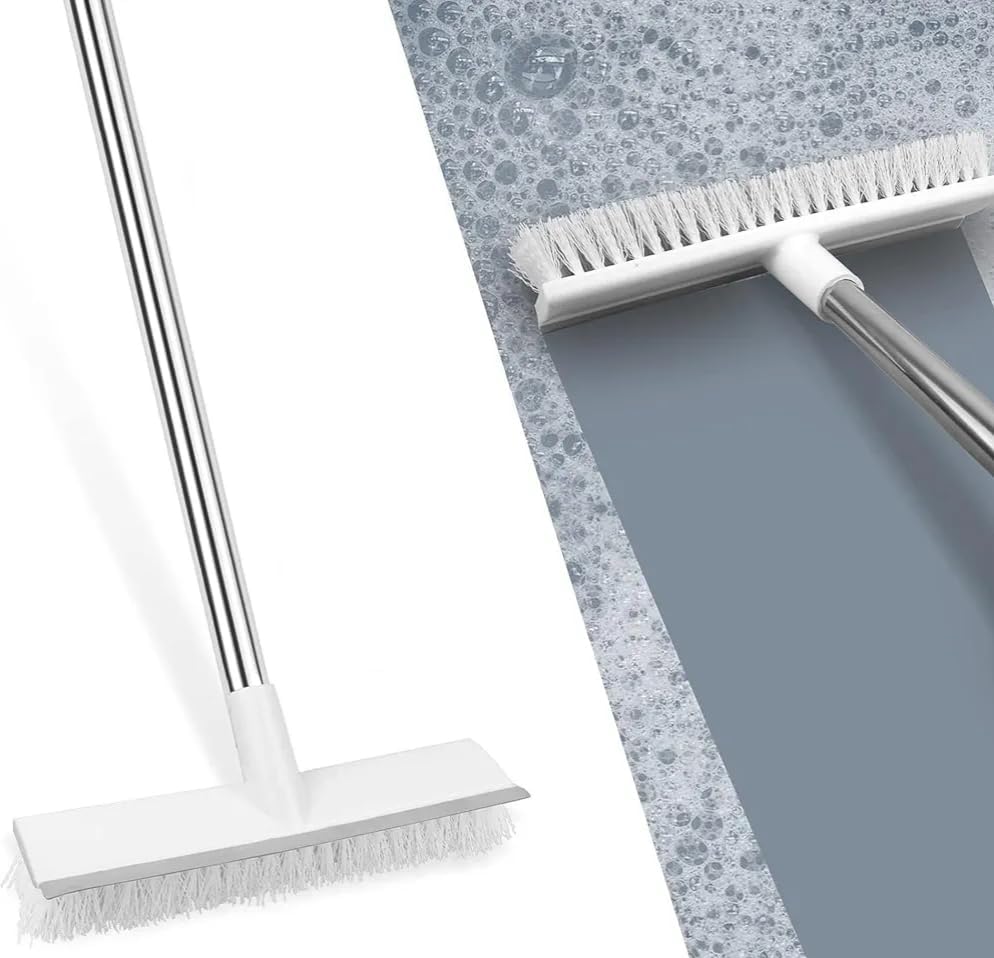 Image of AONEZ Marve Bathroom Cleaning Brush with Wiper - Long Handle 180 Rotate Toilet Brush, Tiles Cleaning, Floor Scrub for Kitchen and Bathroom Accessories 2 in 1 Tile Brush (White Brush)