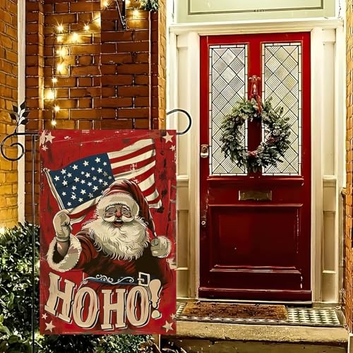 Image of Blissyard Patriotic Christmas Santa Claus Garden Flag 12 x 18 Inch Double Sided America Flag Winter Outdoor Holiday Ho Ho Ho Merry Christmas Banner USA Seasonal Yard Decorative Flag