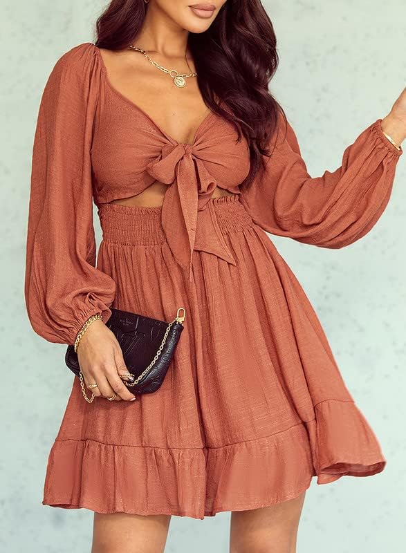 Dokotoo Womens Dress Long Lantern Sleeve Square Neck Tie Backless Sexy Dress Ruffle Elastic Waist A-Line Mini Dress - Image 6