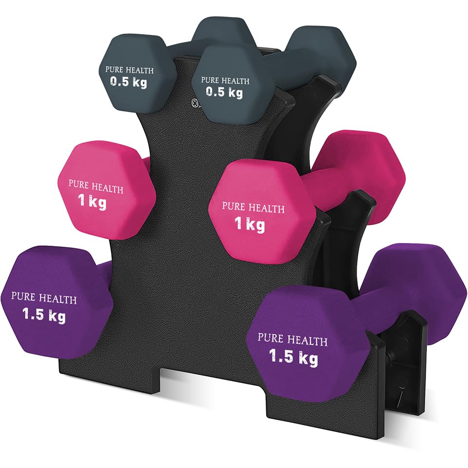 Neoprene Dumbbell Hand Weights Pair Home Exercise for Women Men Arm Pilates Dumbbells in 1kg 1.5kg 2kg 3kg 4kg 5kg 8kg 10kg Set ((6kg Set with Stand), Grey, Pink, Purple)
