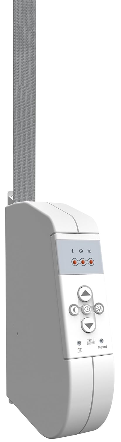 The WIR elektronik eWickler eW930-F unit with a roller shutter strap extending upwards, showing the control panel with buttons and LED indicators.