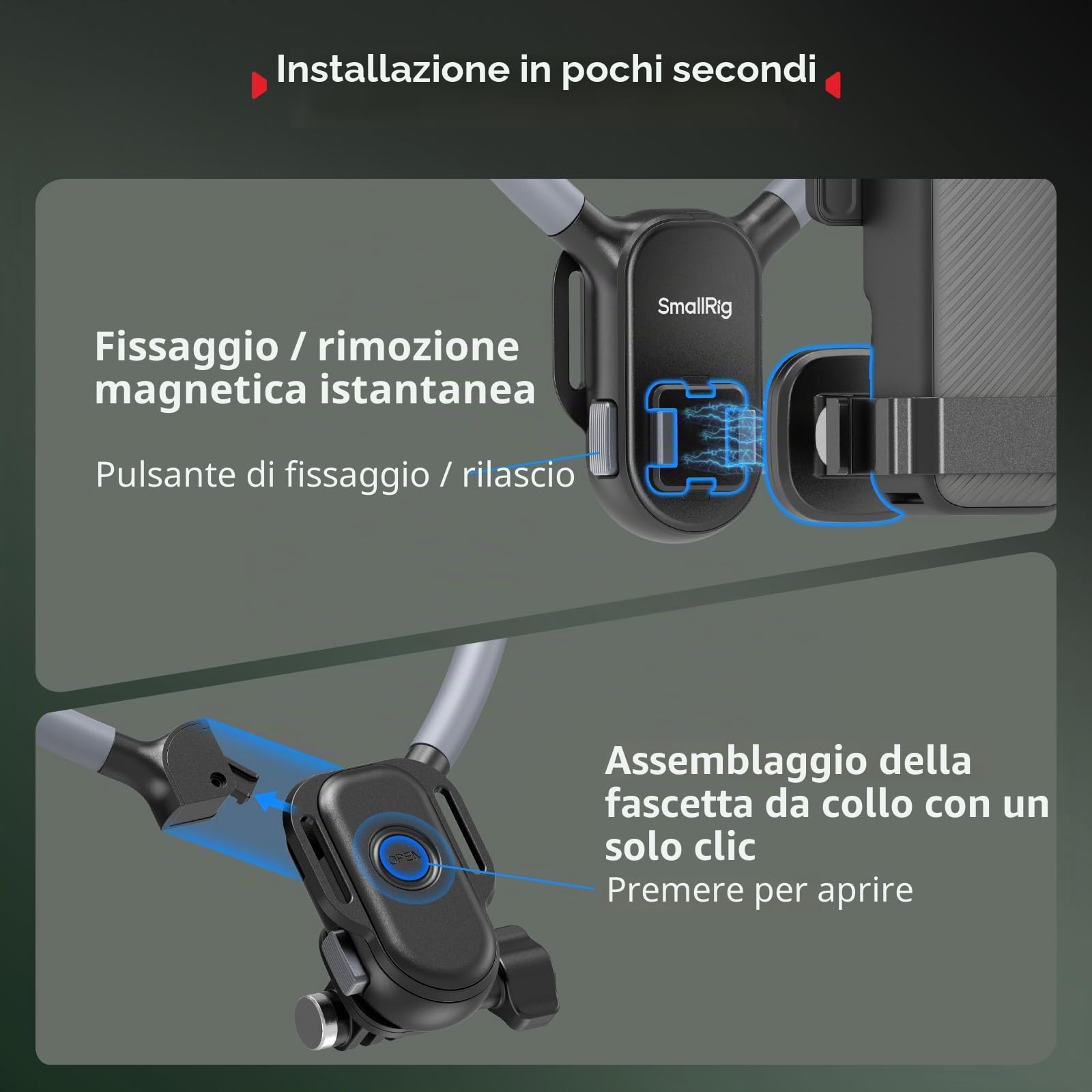 SMALLRIG Supporto Magnetico da Collo con Fascia Toracica, Video POV a Mani Libere, per DJI Osmo Pocket 3/4/OSMO 360/Action 4/5, per GoPro Hero 12/11/10/9, per Insta 360 X5/X4/X3/Ace Pro 2 - 5567