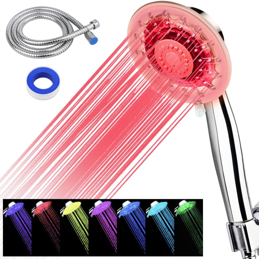 Zoyehoo Shower Head, Seven Colors LED Shower Head, High Pressure Shower Head with Handheld Adjustable Shower Head with 60 Inch/1.5 m Hose