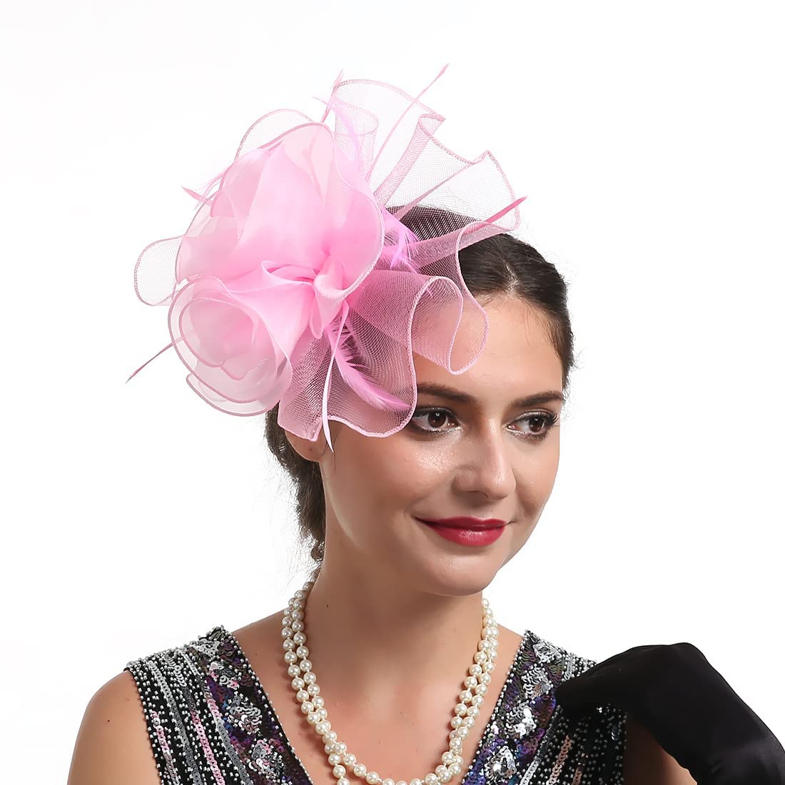 Princess Pink Fascinators for Women Wedding Fascinators Tea Party Hat Flapper Pillbox Fascinator Hat Derby Ascot Hat with Headband Hairclips Headdress Headpieces